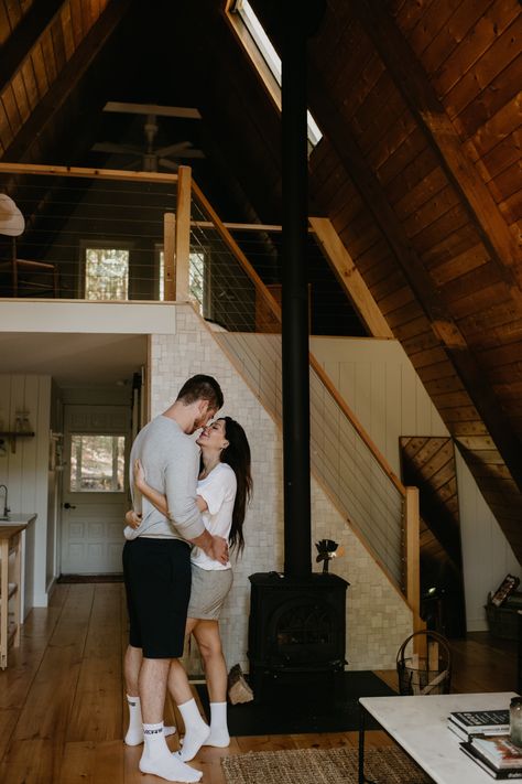 Cabin Prenup Shoot, Cozy Prenup Shoot, Cabin Poses, Cabin Couple Pictures, Couple Living Together Aesthetic, Jasper Vale By Devney Perry, Eloise Eden, Cabin Photoshoot, Cabin Photos