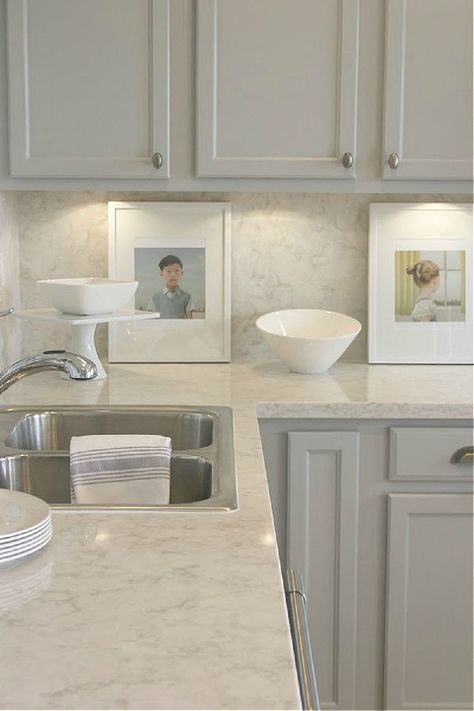 Soprano quartz (Viatera - LXHausys) countertop and backsplash in my Arizona kitchen - Hello Lovely Studio. #sopranoquartz #whitequartzcountertop Behr Classic Silver, Serene Kitchen, Marble Accent Wall, Kitchen Renovation Diy Ideas, Diy Kitchen Makeover Ideas, Cabinets Painted, Calacatta Gold Marble, Kitchen Diy Makeover, Condo Kitchen