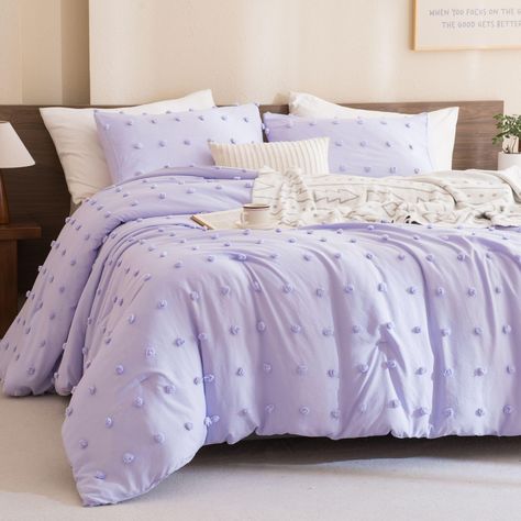 PRICES MAY VARY. Exquisite Boho Tufted Dot Embroidery Design: Charming polka dots of tufted texture are scattered across this purple king comforter set, backed with flat sheeting that's so soft to the touch. Aesthetics and function are perfectly integrated with this tufted dot light purple comforter set. It will be a captivating addition to your space! Experience Cloud-like Softness: Crafted from soft microfiber and filled with weightless yet luxurious materials, Paxrac lilac comforter set king