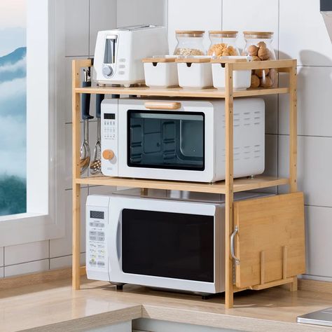 New Kitchen Countertops Storage Shelf Multi-Layer Bamboo Adjustable Microwave Oven Shelf with Super Small Kitchen Ideas Tiny Houses, Organiser Cucina, Microwave Shelf, Kitchen Countertop Organization, Interior Dapur, Apartment Stuff, تصميم للمنزل العصري, Kitchen Storage Shelves, Ice Chest