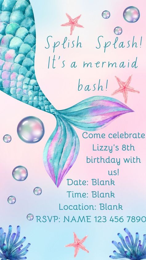 This is an elegant under the sea mermaid birthday party digital invitation that you can edit yourself! As soon as you purchase the template you will receive a file with a link to the template as well as instructions on how to send the template to all your guests! This template is easy to use and edit. You can send the finished invitation to your guests in form of text message because this template fits perfectly on a phone screen! Mermaid Birthday Party Invitations Blank, Mermaid Birthday Invitation Template Free, Mermaid Birthday Invites Free Printable Invitation Templates, Mermaid Party Invite, Mermaid Invitation Template Free, Mermaid Birthday Invitations Free, Diy Mermaid Birthday Party, Little Mermaid Invitations, Mermaid Party Invitations