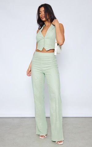 Sage Green Linen Look Straight Leg Trousers | PrettyLittleThing USA Safe Green, White Linen Trousers, Slim Mom Jeans, Trousers Women Wide Leg, Green Trousers, Weekend Plans, Co Ords, Leg Design, Straight Leg Denim