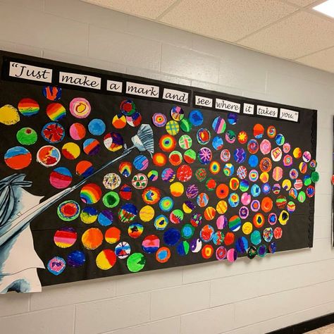 Paint Chip Bulletin Board Ideas, Process Art Bulletin Board, Dot Day Bulletin Board Ideas, The Dot Book Activities Preschool, Art Is For Everyone Bulletin Board, Make Your Mark Bulletin Board, The Dot Bulletin Board Ideas, The Dot Bulletin Board, 3d Bulletin Board Ideas Creative