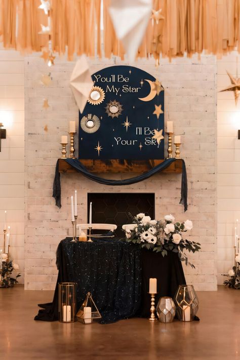 Looking for inspiration for your dreamy celestial wedding? Our blog post is packed with stunning ideas for a celestial-themed wedding decor! Get inspired and create an ethereal atmosphere on your special day! #celestialwedding #weddingtheme #weddingdecorideas Moon And Stars Table Decor, Subtle Celestial Wedding, Star Bridal Shower Theme, Celestial Bridal Shower Theme, Astrology Wedding, Whimsigoth Wedding, Moon Wedding Theme, Star Themed Wedding, Constellation Wedding