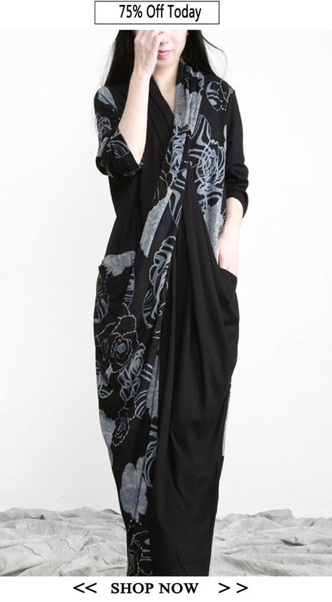 Bohemian Black Bule Asymmetrical Design Pockets Cotton Dress Long Sleeve Beautiful Maxi Dresses, Tie Front Blouse, Comfortable Room, Asymmetrical Design, Dress Long Sleeve, Cup Size, Fashion Colours, Spring Dresses, Printed Maxi Dress