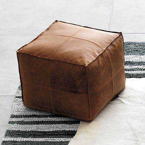 Budget Makeover: A Complete Living Room Update For Under $1500 | Havenly's Blog! Cb2 Pouf, Modern Ottomans, Seating Storage, Budget Makeover, Square Pouf Ottoman, Moroccan Pouffe, Pouf Footstool, Leather Pouf Ottoman, Pouffe Ottoman