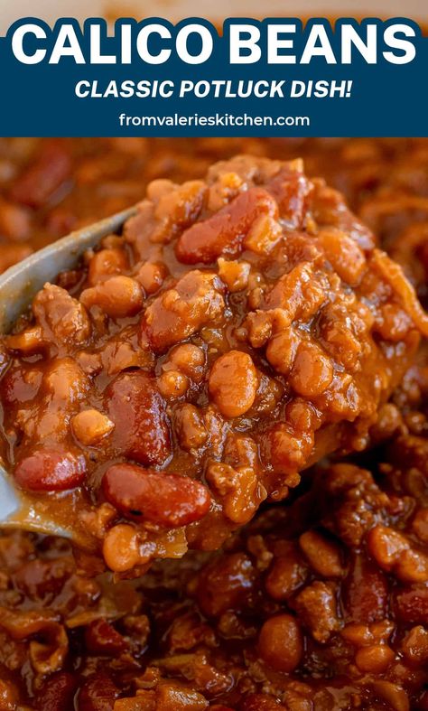 A variety of canned beans and ground beef come together to create these classic Calico Beans. These smoky, flavorful beans are perfect for summer gatherings! Calico Beans For A Crowd, Calico Bean Casserole, Trucker Beans Recipe, Calico Beans Recipe Crockpot, Calypso Beans Recipes, Pioneer Woman Cowboy Beans, Calico Beans Crockpot, Crockpot Calico Beans, Beans And Ground Beef