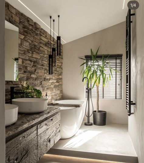 Wooden Sink, 2024 Bathroom, Bathroom 2024, Instagram Bathroom, Farmhouse Vibes, Bathroom Retreat, Natural Stone Wall, Deep Soaking Tub, Modern Farmhouse Living