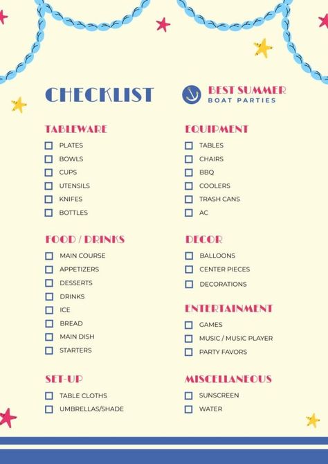 Hand-drawn Best Summer Boat Party Checklist Pool Day Checklist, Pool Party List Checklist, Pool Party Checklist, Boat Checklist, Pool Party List, Outdoor Party Checklist, Bachelorette Party Checklist Planners, Boat Maintenance Checklist, Maine Decor