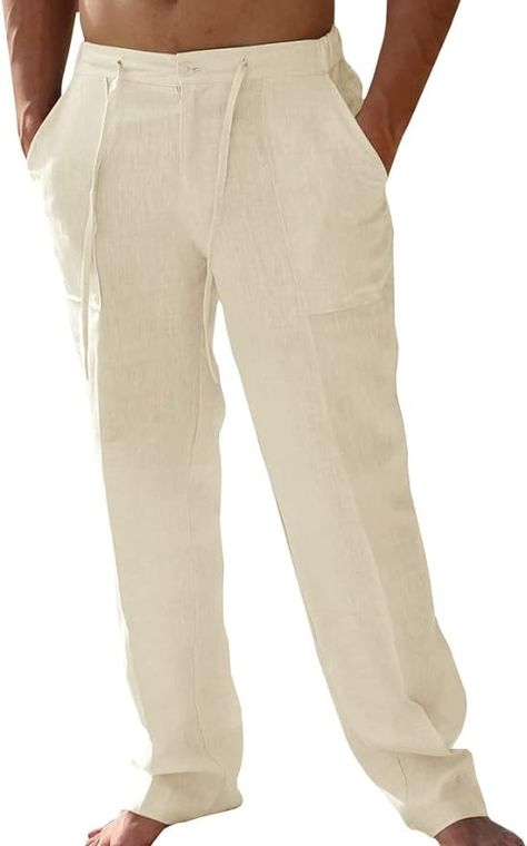 PASLTER Mens Casual Linen Pants Loose Fit Elastic Drawstring Waist Straight-Legs Summer Yoga Beach Long Pants at Amazon Men’s Clothing store Mens Linen Trousers, Linen Beach Pants, Casual Linen Pants, Mens Linen Pants, Casual Summer Pants, Cotton Linen Pants, Beach Yoga, Mens Linen, Stylish Pants