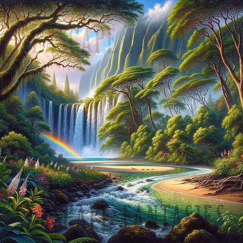 "\"Enchantment of Hawaii: A Natural Paradise\" \"Enchantment of Hawaii: A Natural Paradise\" is a digital oil painting that invites you into the heart of Hawaii's breathtaking landscape, a testament to the island's unparalleled natural beauty. This artwork showcases a scene where the tranquility of a lush forest meets the majesty of flowing waterfalls, with the serene ocean vista in the distance, creating a harmonious blend of Hawaii's most enchanting features. Artwork Details: Medium: Digital O Lush Forest, Digital Oil Painting, Empty Spaces, Beautiful Waterfalls, Le Havre, City Art, Natural Wonders, Nature Beauty, Enchanted