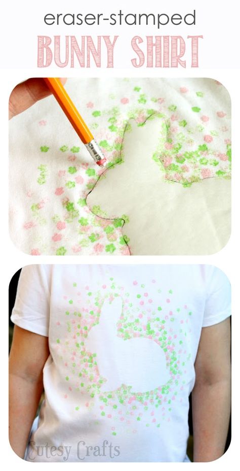 Eraser-Stamped Easter Bunny Shirt - Cutesy Crafts Eraser Stamp, Easter Bunny Shirts, Crafts Easter, Easter Cake, Easter Projects, Freezer Paper, Bunny Shirt, Pencil Eraser, Easter Time