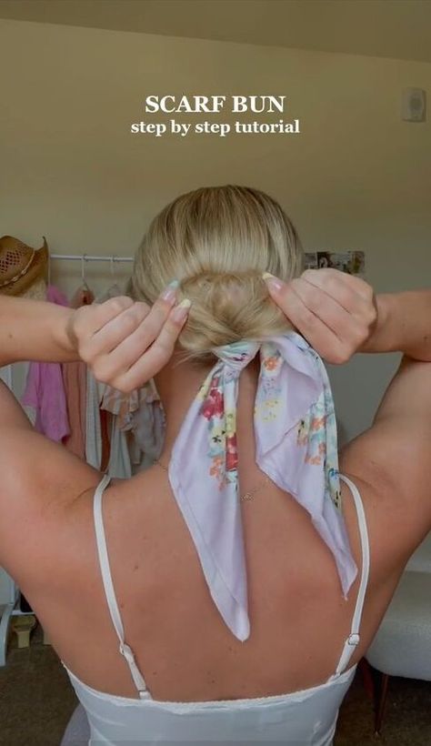 Scarf Hair Bun, Scarf In Hair Bun, Scarf In Bun, Low Bun With Scarf, Hair Bun With Scarf, Scarf In Hair Ideas, Scarf Bun Hairstyles, Scarf Bun Tutorial, Hair Scarf Bun