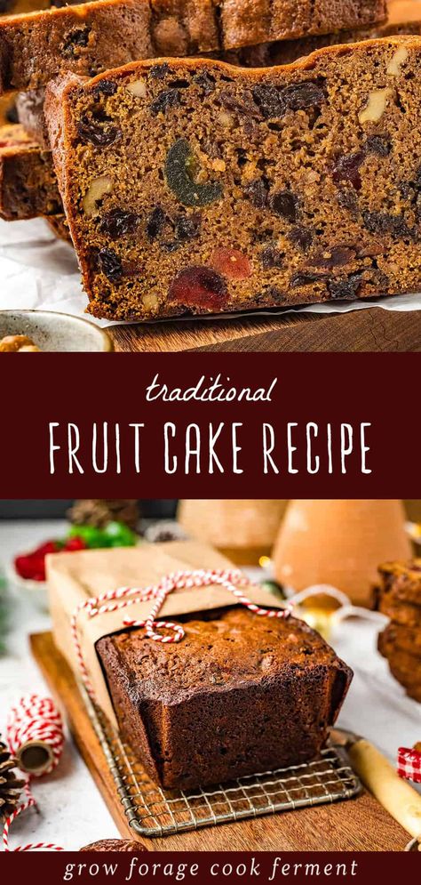 Dive into the festive season with this traditional fruit cake recipe, one of the best homemade desserts and healthy dessert recipes. This age-old favorite combines real and candied fruit, with the option to add rum, making it a delightful treat full of holiday cheer. A great way to add a touch of nostalgia to your dessert table. Find more holiday foods, homemade desserts, and winter comfort foods at growforagecookferment.com Fruit Cake Loaf Recipe, Fruit Cake With Brandy, Boiled Fruit Cake Recipes, Fruit Cakes Ideas, Brandied Fruit Cake Recipe, Traditional Fruit Cake Recipe, Old Fashioned Fruit Cake Recipe, Fruit Cake Loaf, 3 Ingredient Fruit Cake Recipe