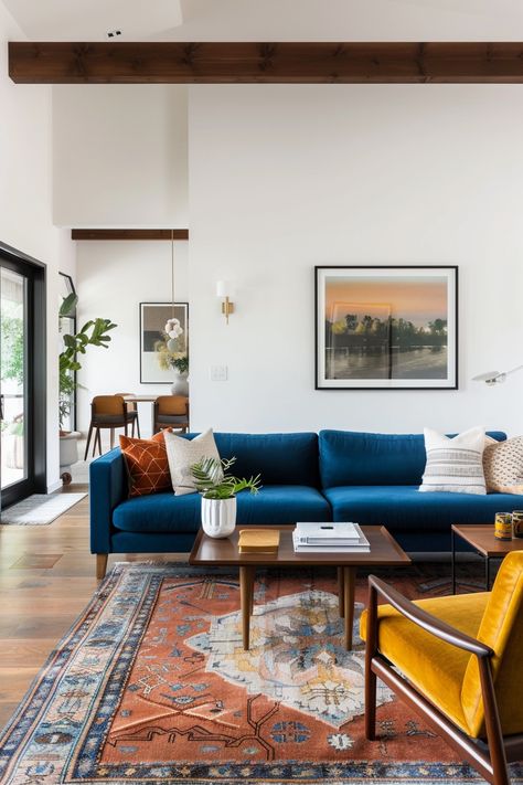 Living Room Inspo Mid Century, Tv Room Mid Century Modern, Midcentury Blue Living Room, Mid Century Modern Wooden Furniture, Mid Century Modern Blue Couch, Mid Century Modern Living Room Blue Sofa, Gray Mid Century Modern Living Room, Apartment Living Room Blue Couch, Blue Couch Mid Century Living Room