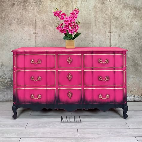 Hot pink Furniture Dresser With Flowers, Black Painted Dresser, Kacha Furniture, Hot Pink Furniture, Provincial Dresser Makeover, French Provincial Dresser Makeover, Pink Chalk Paint, Chalk Paint Furniture Diy, Pink Dresser