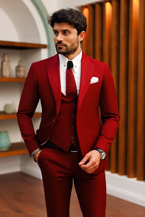 Red Mens Suit, Red Wedding Suit, Red Groomsmen, Blazer Waistcoat, Best Suits For Men, Single Breasted Suit, Grooms Suit, Red Tuxedo, Suit Stores