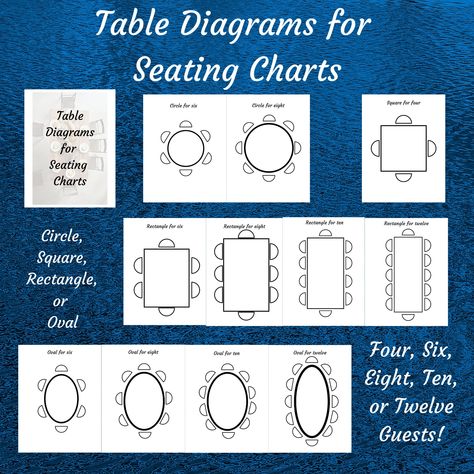 Printable pages for planning your dinner party seating chart(s).  Includes different table shapes and from 4 to 12 guests per table. Some tables lend themselves to increased seating, so there are more diagrams for rectangle and oval tables because of the increased room at those tables.  This would be a great resource for wedding planning, party planning, graduation parties, bridal showers, or any other sit down event.  Print as many diagrams as you need for your own personal use. One download can be used multiple times! Round Table Seating Capacity, 8ft Table Seating, Wedding Reception Table Layout 150 People, Wedding Layout Reception Floor Plans, Table Setup For Party Layout, Rectangular Table Wedding Layout, Kings Table Wedding Layout, Table Cloth Size Chart, Table Sizes And Seating