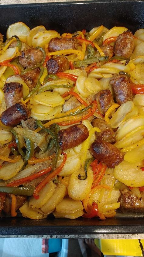 Sausage, Peppers, Onions, and Potato Bake Recipe | Allrecipes Italian Sausage Peppers Onions Potatoes, Baked Peppers And Onions, Potatoes And Italian Sausage, Baked Cabbage Potatoes And Sausage, Sauteed Sausage And Peppers Onions, Bratwurst Potatoes Recipes, Sausages And Potatoes, Italian Sausage And Potatoes In Oven, Sausage Peppers Onions And Potatoes Oven