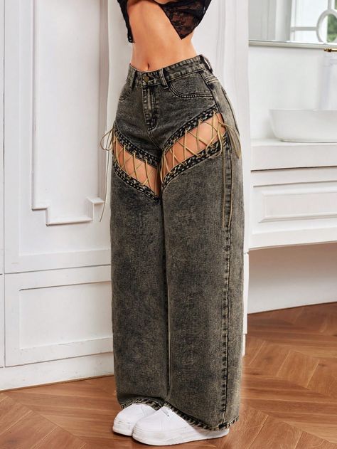 Black Casual Collar  Denim Colorblock,Plain Wide Leg Embellished Non-Stretch  Women Clothing Y2k Pants Women, Stretch Denim Jeans, Colored Denim Outfits, Styles For Tall Women, Jean Trousers Outfit, Womens Baggy Jeans, Fancy Pants Outfit, Black Jeans For Women, Graffiti Jeans