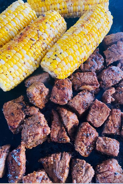 steak bites and corn on the griddle Steak Bites On Blackstone, Blackstone Steak Bites, Blackstone Steak, Griddle Recipes, Flat Top Grill, Blackstone Griddle, Steak Bites, Recipe Community, Favourite Food