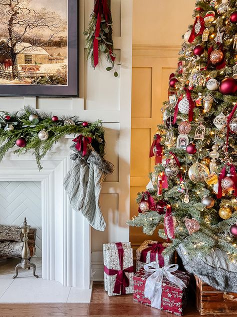 Decorate your home for Christmas with Burgundy and vintage silver for a classic, timeless feel. The post Simply Classic Burgundy and Silver Christmas Home Tour appeared first on Deeply Southern Home. Neutral Red Christmas Tree, Burgundy And Gold Flocked Christmas Tree, Southern Christmas Traditions, Burgundy And Silver Christmas Tree, Red And Burgundy Christmas Tree, Classic Red Christmas Tree, Traditional Christmas Mantle, Transitional Christmas, Traditional Christmas Decor Ideas