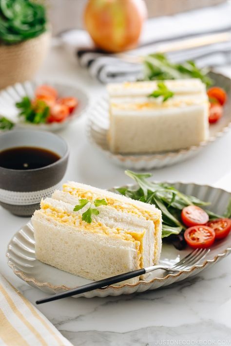 Make this popular Japanese Egg Salad Sandwich - Tamago Sando at home! The filling is creamy and bursting with a rich egg yolk flavor and the bread is soft and pillowy. It's much better than the 7-Eleven version. #eggsaladsandwich #sandwichrecipes #japaneseeggsanwich | Easy Japanese Recipes at JustOneCookbook.com Japanese Egg Salad Recipe, Japanese Egg Salad Sandwich Recipe, Japanese Egg Salad Sandwich, Yakimeshi Recipe, Japanese Egg Salad, Japanese Egg Sandwich, Tamago Sando, Japanese Sandwich, Egg Salad Sandwich Recipe