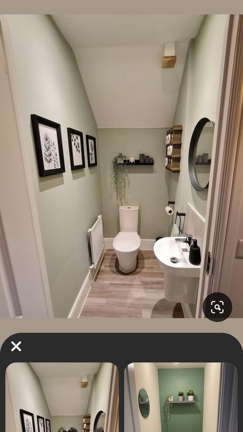 Green And White Toilet Room, Rental Toilet Makeover, Under Stairs Cloakroom Ideas, Downstairs Toilet Under Stairs, Small Downstairs Loo Ideas, Under The Stairs Powder Room Ideas, Beige Downstairs Toilet, Small Half Bathroom Ideas Under Stairs, Council Bathroom Ideas