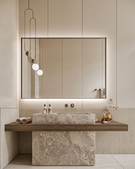 Modern Italian Bathroom Design, Modern Bath Design Ideas, Japandi Wash Basin, Modern Wash Basin Design, Bedrosians Bathroom, Toilets Interior Design, Organic Modern Powder Room, Spa Vanity, Interior Bathroom Design