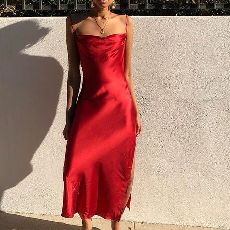 In full Holiday mode 🌹 100% silk red slip dress with open back S/m $120 SOLD Ankle Length Prom Dress, Slip Dress Outfit, Estilo Kardashian, Red Silk Dress, 00 Fashion, Red Slip Dress, Dress With Open Back, Custom Size Dresses, Custom Dresses