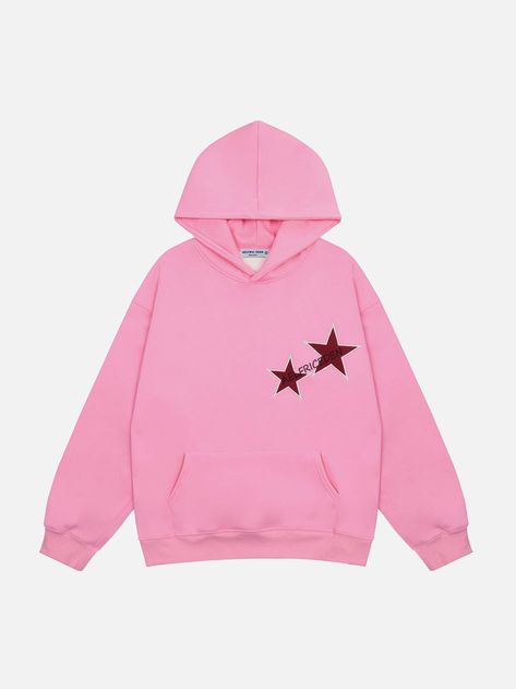 A pink hoodie with red stars Aelfric Eden, Top Streetwear Brands, Contrast Hoodie, Estilo Hip Hop, Oversize Fashion, Clothing Details, Pink Hoodie, Hoodies For Sale, Print Hoodie