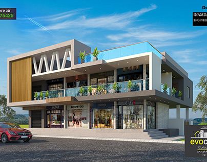 G+1 Commercial Building Elevation, Shopping Plaza Design, 2 Storey Commercial Building Exterior, Commercial Building Exterior, Club Architecture, Commercial And Residential Building, Mall Ideas, Commercial Building Plans, Restaurant Exterior Design