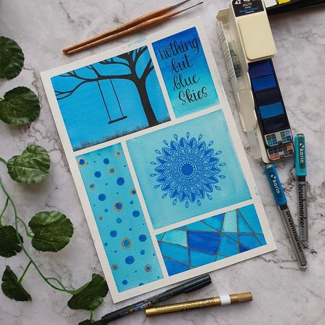 Blue Moodboard Drawing, Moodboard Aesthetic Drawing, Mandala Mood Board, Blue Moodboard Painting, Mandala Moodboard, Mood Boards Painting, Mood Boards Drawing, Moodboard Drawing, Blue Aesthetic Moodboard