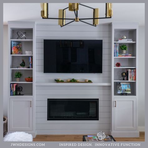 Tv Fireplace Storage, Small Built In Fireplace And Tv, Gas Fireplace Ideas With Built Ins, Tv Above Linear Fireplace, Fireplace Tv Wall Built Ins Small Space, Built In Tv Wall Unit Small Living Room, Fireplace With Narrow Built Ins On Both Sides, Gas Fireplace With Storage, Gas Fireplace Wall Ideas With Tv