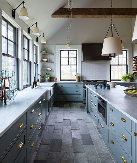 Kitchen Design Slate Floor, Slate Floor Kitchen Farmhouse, Kitchen Lampshade Ideas, Kitchen Stove Between Windows, Kitchen Windows Beside Stove, Kitchen With Gray Wood Floors, Pitched Kitchen Ceiling, Kitchen European Style, Windows Above Stove