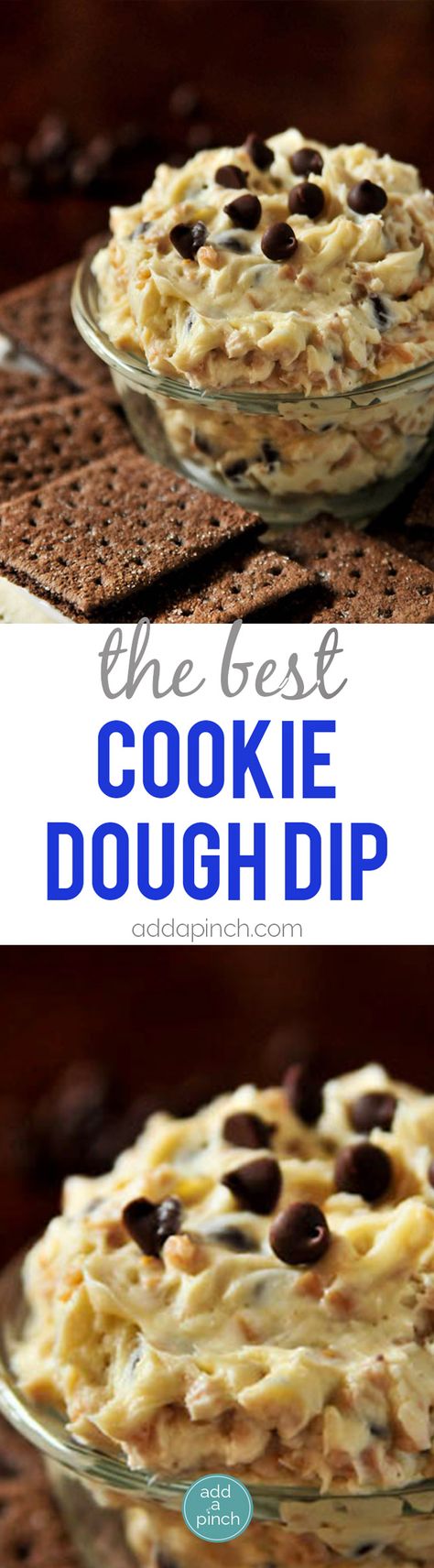 The BEST Cookie Dough Dip Recipe - Seriously the BEST Cookie Dough Dip Recipe that I've ever tasted! So quick and easy and always a favorite when you serve it! This creamy dip tastes just like cookie dough in dip form! Made with cream cheese, chocolate chips, and a secret ingredient that takes it over the top! Everyone will ask for the recipe! Serve with graham crackers, pretzels or fruit! // addapinch.com Peanut Butter Cookie Dough Dip, Chocolate Chip Cookie Dough Dip, Easy Delicious Cookies, Cookie Dough Dip Recipe, Easy Cookie Dough, Cookie Dough Dip, Biscuits Graham, Peanut Butter Cookie Dough, Easy Treat