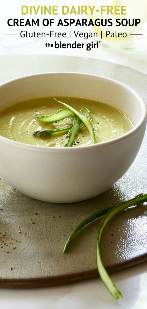 Vegan Cream Of Asparagus Soup - The Blender Girl Vegan Cream Of Asparagus Soup, Cauliflower Asparagus Soup, Vegan Asparagus Soup, Asparagus Soup Healthy, Healing Soups, Aip Lifestyle, Stew Vegetarian, Soup Cauliflower, Alkalizing Foods