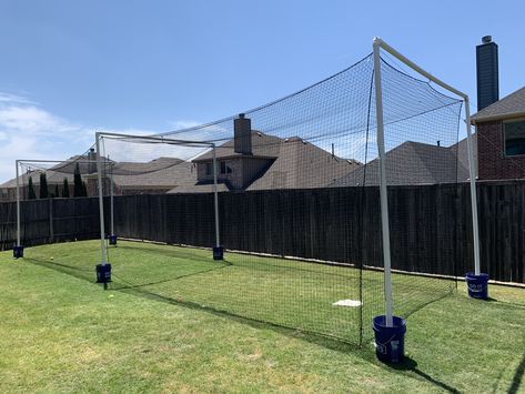 Softball Backyard Ideas, Building A Batting Cage, Baseball Cage Backyard, At Home Batting Cage, Backyard Batting Cage Diy, Outdoor Batting Cage, Diy Backstop Baseball, Sports Backyard Ideas, Diy Baseball Batting Cage