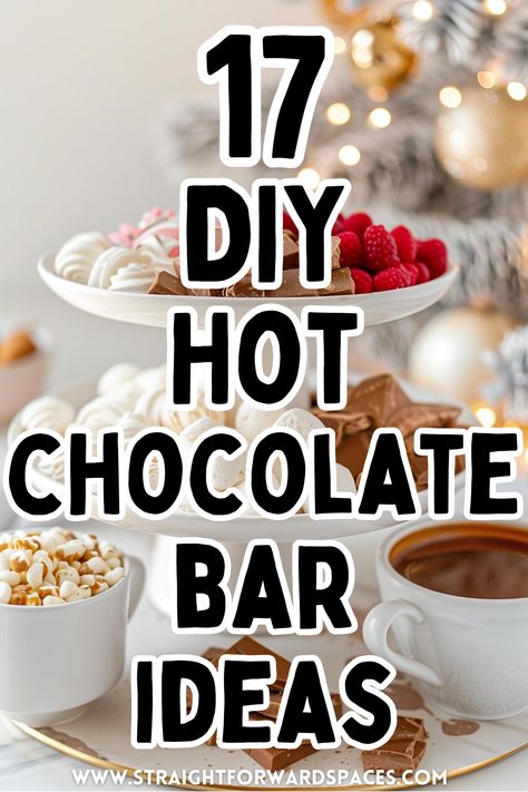 This post shows you the 17 easy DIY hot chocolate bar ideas Snacks With Hot Chocolate, Hot Chocolate Toppings Ideas, Baby Shower Hot Chocolate Bar Diy, How Chocolate Bar, Hot Chocolate Bar Supplies, Hot Chocolate Bar At Work, Hot Coco Bar Idea For Kids, Hot Chocolate Bars For Christmas, Things To Add To Hot Chocolate