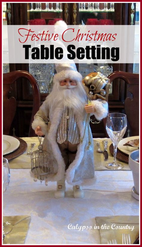 Santa Centerpiece on a cozy Christmas table.  #santa #centerpieceideas #christmastable Santa Centerpiece Ideas, Cozy Christmas Table, Santa Centerpiece, Santa Table, Red Dining Room, Bar Cart Styling, Centerpiece Table, Christmas Mantel Decorations, Christmas Mantels