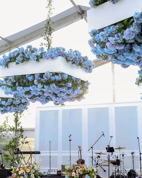 Dior Theme Wedding Decor, Blue Themed Aesthetic, Ceiling Installation Wedding, Hanging Floral Wedding, Dior Theme, Blue Engagement Party, Hanging Floral Installation, Floral Chandeliers, Hanging Floral Decor