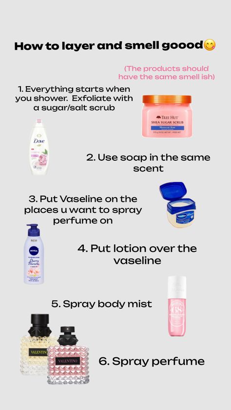 #layer #smellgood Perfume Hacks, Model Tips, Skin Care Basics, Skin Care Routine Order, Basic Skin Care Routine, Shower Skin Care, Perfect Skin Care Routine, Healthy Skin Tips, Body Hacks