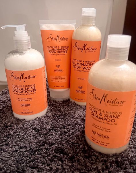 Coconut & Hibiscus curl & shine shampoo & conditioner Coconut & Hibiscus illuminating body butter Coconut & Hibiscus illuminating body wash EVERYTHING YUKA APPROVED🙌🏽 #selfcare #showerproducts #haircare #haircareroutine #sheamoisture #shampoo #conditioner #bodywash #bodycare #bodybutter #lotion #showerroutine #curlyhairproducts #curlyhairroutine #coconut #hairgoals Sheamoisture Shampoo, Shea Moisture Coconut And Hibiscus, 2b Hair, Shea Moisture Coconut, Curly Hair Growth, Coconut Hibiscus, Body Conditioner, Curly Hair Care Routine, Curl Shampoo