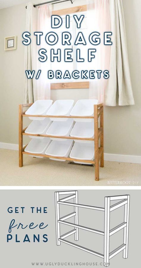 So simple! Putting this on the to do list! DIY storage shelf system for bins and held in with brackets for easy moving/storage for kids toys, shoes, baby room supplies, and more. #kidsroom #nursery #shelf #storage #organization #diy #buildplans #freeplans #quickandeasy #babyroom #playroom #toys #uglyducklinghouse Toy Storage Bins Diy, Diy Toy Organizer With Bins, Diy Toy Bin Storage, Diy Toy Shelf Storage, Toy Rack Storage Ideas, Basket Shelf Storage, Diy Closet Toy Storage Ideas, Toy Organizer Diy, Diy Toy Box Ideas Storage Bins