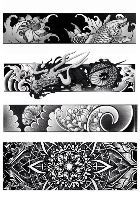 Dragon Armband Tattoo, Arm Band Tattoo Designs, Geometric Tattoo Sleeve Designs, Koi Tattoo Sleeve, Band Tattoos For Men, Virgo Tattoo Designs, Unique Wrist Tattoos, Mandala Hand Tattoos, Mystical Tattoos