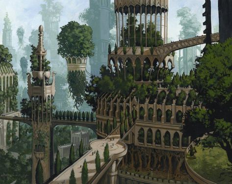 Forest. MtG Ravnica Art by Christopher Moeller. Fantasy Architecture, Egiptul Antic, Heroic Fantasy, Location Inspiration, Fantasy City, Fantasy Castle, Fantasy Setting, Fantasy Places, Art Et Illustration