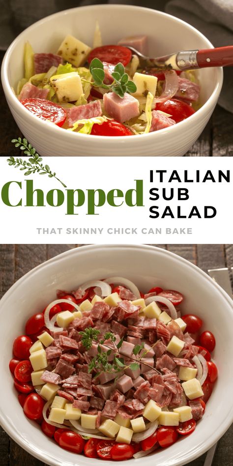 This low carb, chopped Italian sub salad is filled with all your favorite submarine sandwich ingredients. It's perfect for lunch or a side salad for an Italian meal. Chopped Italian Sub, Italian Sub Salad, Sub Salad, Submarine Sandwich, Sub Sandwich, Salads For A Crowd, Italian Sub, Chopped Salad Recipes, Creamy Chicken Enchiladas