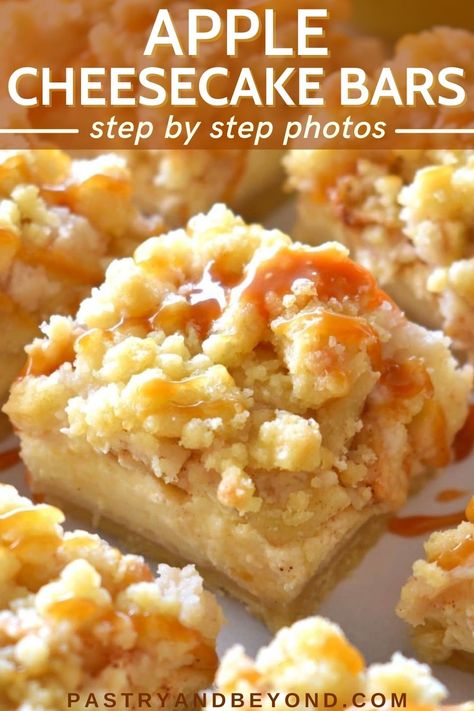 These apple cheesecake bars are so delicious with a shortbread crust, cheesecake filling, apple layer and the crumbles. This recipe is so easy to make, you need the same dough for the crust and crumbles! Apple Streusel Cheesecake Bars, Winter Bar Recipes, Apple Crumb Cheesecake Bars, Dutch Apple Cheesecake Recipe, Apple Bar Recipes Easy, Recipes With Shortbread Crust, Apple Crisp Cheesecake Bread, Dessert Apple Recipes, Carmel Apple Cheesecake Bars Easy