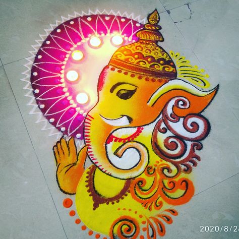 Ganpati Bappa Rangoli Simple, Ganesh Ji Rangoli Design, Rangoli Design Unique, Ganesha Rangoli Design, Ganapati Rangoli, Ganpati Rangoli, Ganesha Festival, Ganesh Rangoli, Ganesha Rangoli