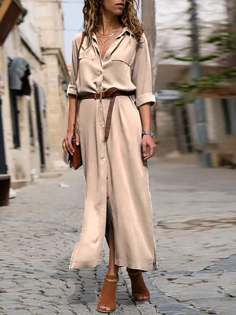 299570476c6f0309545110c592b6a63bdesc44918641ri Rok Midi, Sandal Tali, Look Boho Chic, Split Long Dress, Shirt Dress Summer, Langer Rock, Long Sleeve Casual Dress, Autumn Dress, Long Dress Casual